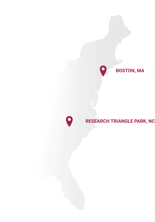 Map of US east coast with markers for Boston, MA and Research Triangle Park, NC
