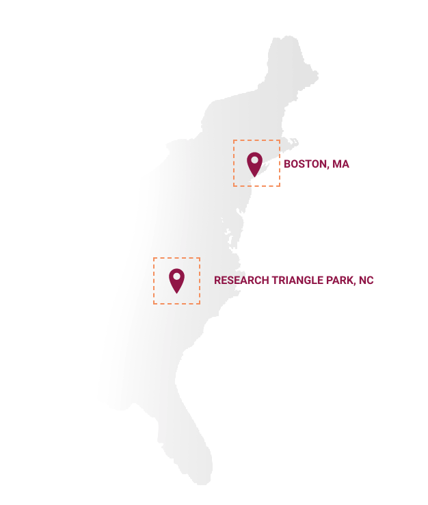 Map of the eastern United States showing markers for the Aktis locations in Boston and Research Triangle Park North Carolina